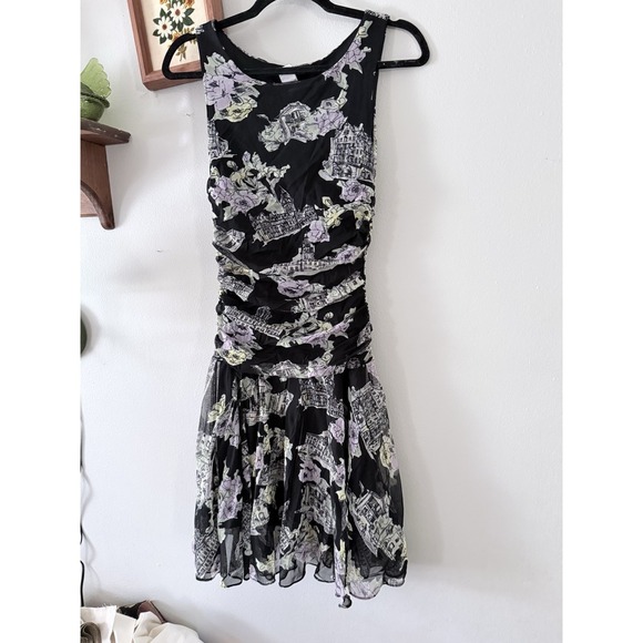 Nine West Dresses & Skirts - Floral Cityscape Y2K Mesh Fairy Goth Fit & Flare Dress Ruched Sz 8 Nine West